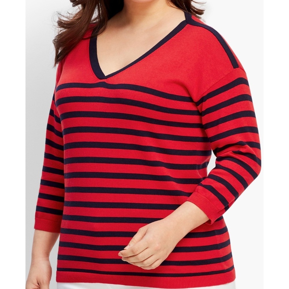Talbots Petite Red Navy Striped V Neck 3/4 Sleeve Sweater Top Women's LP Sailor